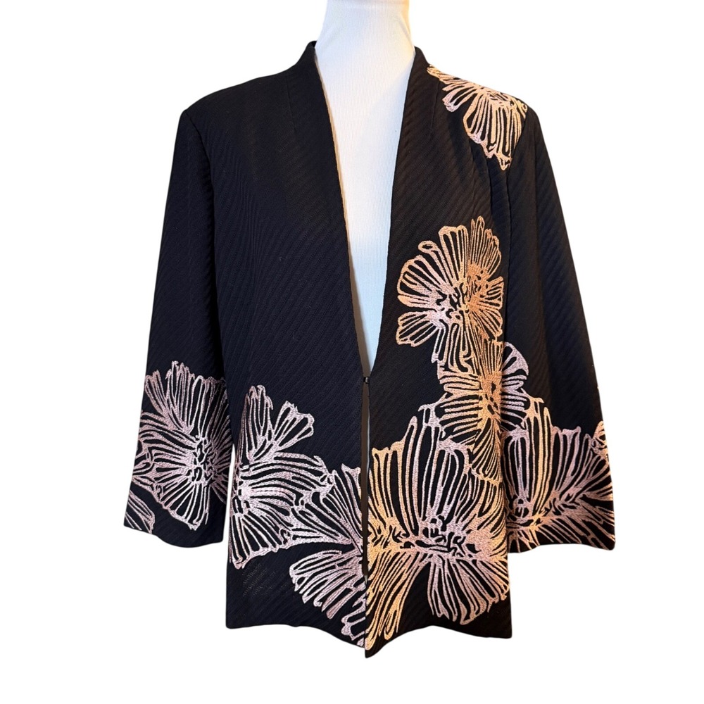 Misook Floral Knit Cardigan Women S Black Rose Gold Metallic Open Front Jacket